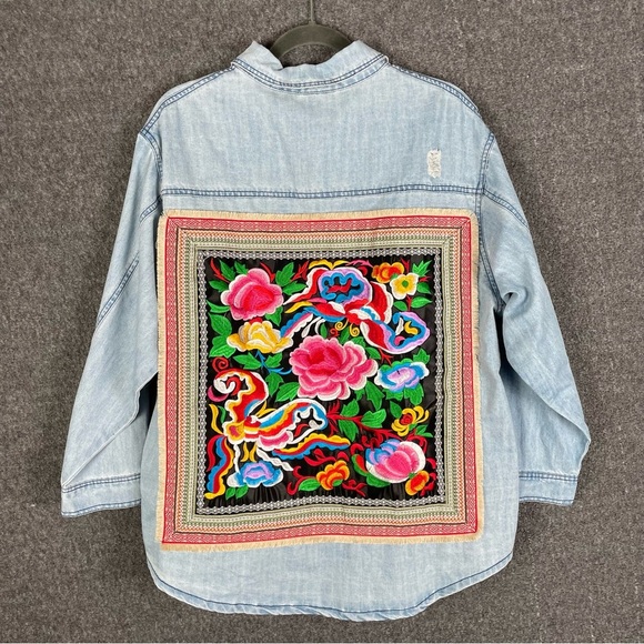 Jaded Gypsy Women’s S/M Embroidered Oversized Denim Shacket Floral Colorful Boho - Picture 7 of 11